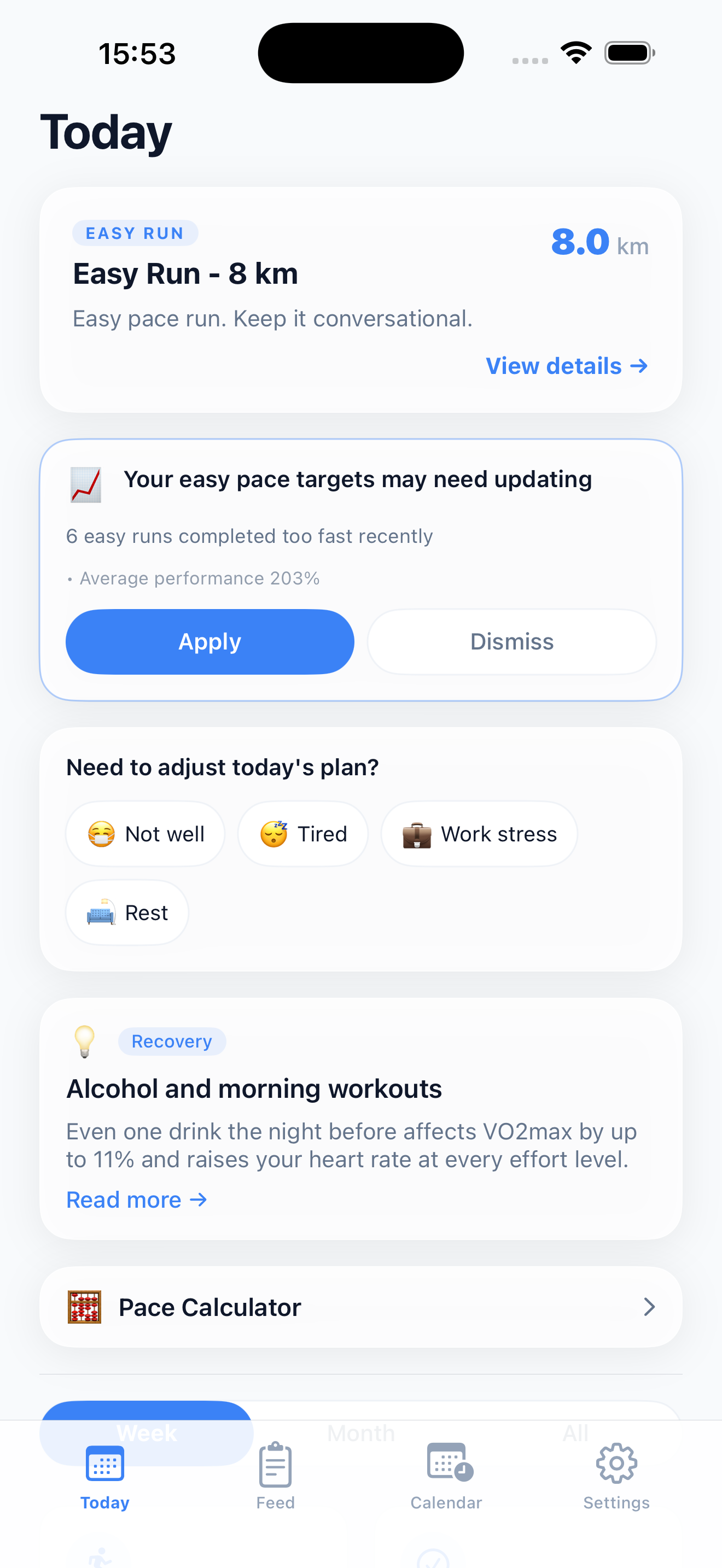 Adaptorun home screen showing today's workout plan