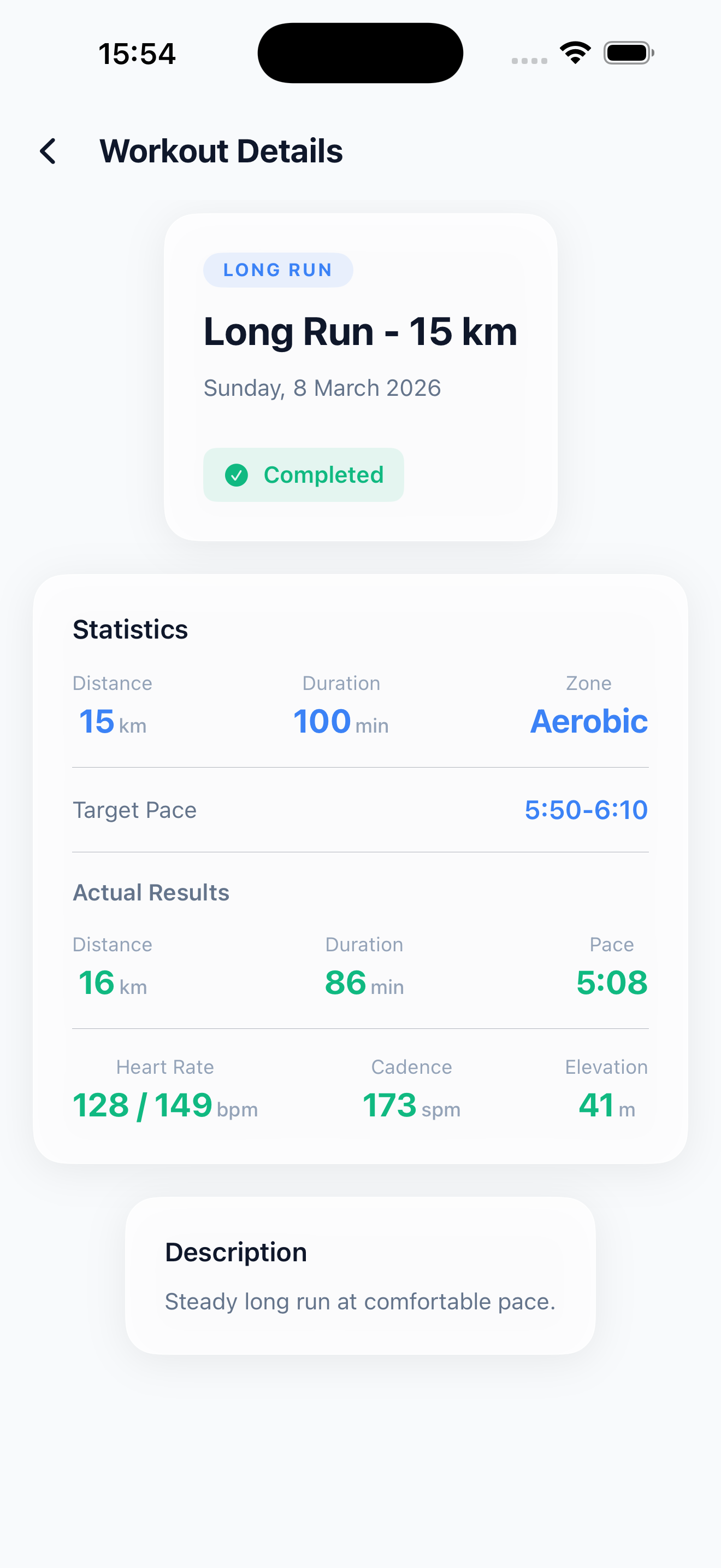 Workout detail with stats